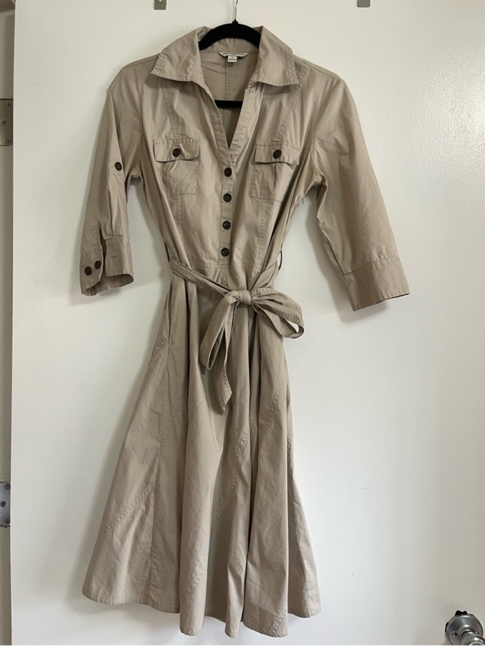 Banana Republic Beige Button-Front Midi Shirt Dress with Tie Waist